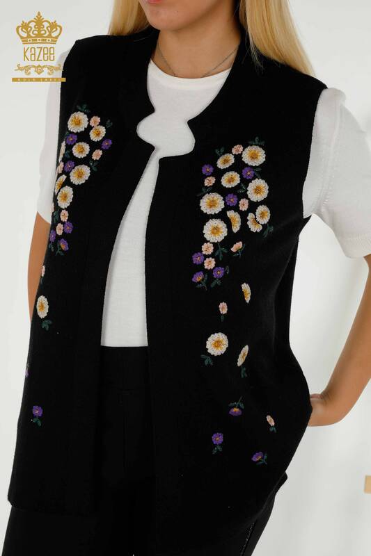 Wholesale Women's Vest Daisy Embroidered Black - 16816 | KAZEE