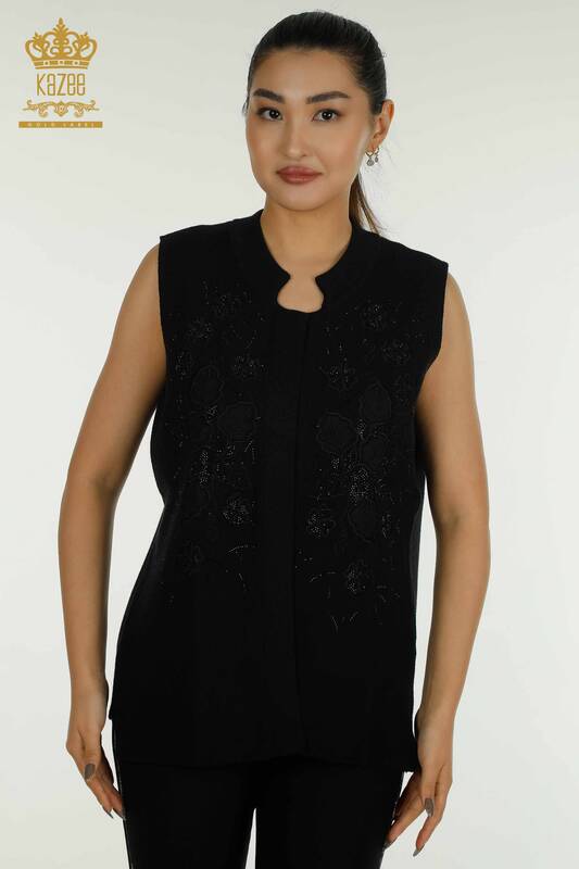 Wholesale Women's Vest Floral Embroidered Black - 30628 | KAZEE