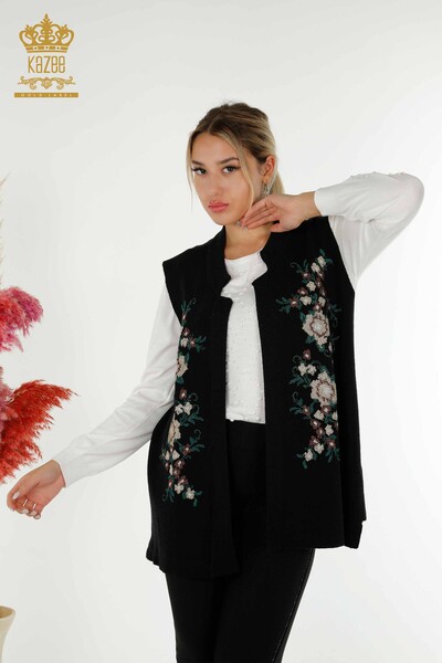 Wholesale Women's Vest Floral Embroidered Black - 30644 | KAZEE 