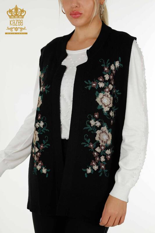 Wholesale Women's Vest Floral Embroidered Black - 30644 | KAZEE