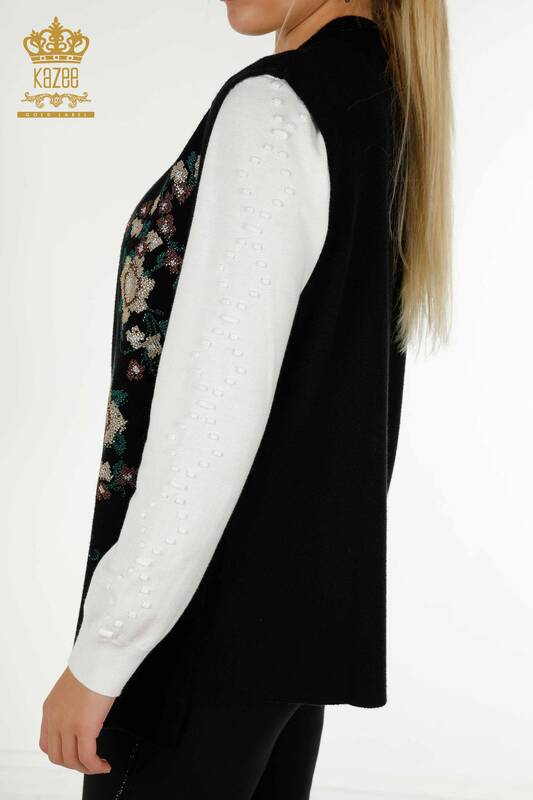 Wholesale Women's Vest Floral Embroidered Black - 30644 | KAZEE