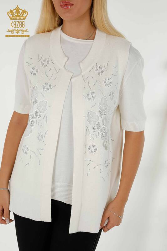Wholesale Women's Vest Floral Embroidered Ecru - 30628 | KAZEE