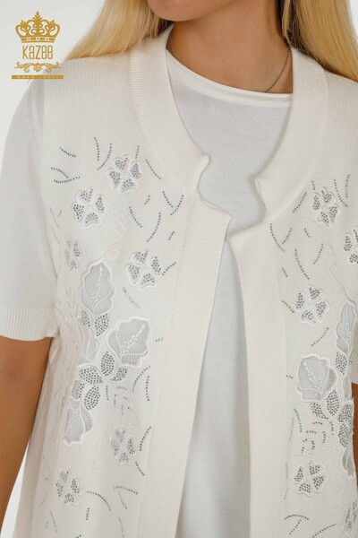 Wholesale Women's Vest Floral Embroidered Ecru - 30628 | KAZEE - Thumbnail