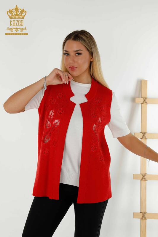 Wholesale Women's Vest Floral Embroidered Red - 30628 | KAZEE