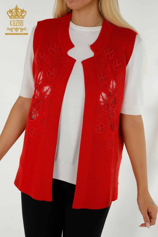 Wholesale Women's Vest Floral Embroidered Red - 30628 | KAZEE