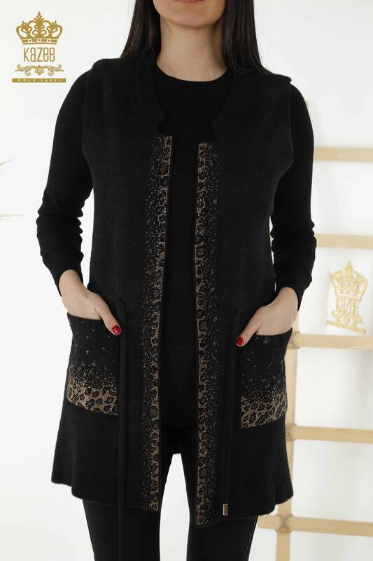 Wholesale Women's Vest - Leopard Stone Embroidered - Black - 30245 | KAZEE