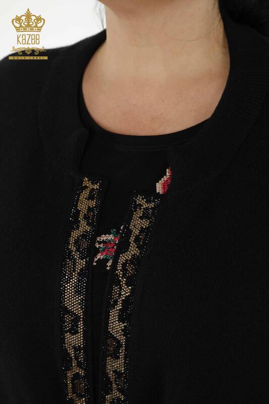 Wholesale Women's Vest - Leopard Stone Embroidered - Black - 30261 | KAZEE