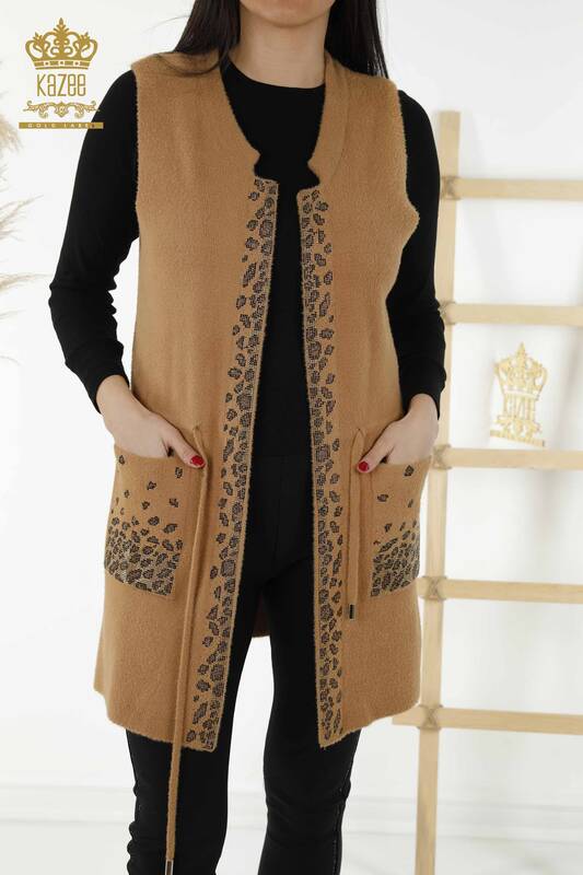Wholesale Women's Vest - Leopard Stone Embroidered - Camel Color - 30245 | KAZEE