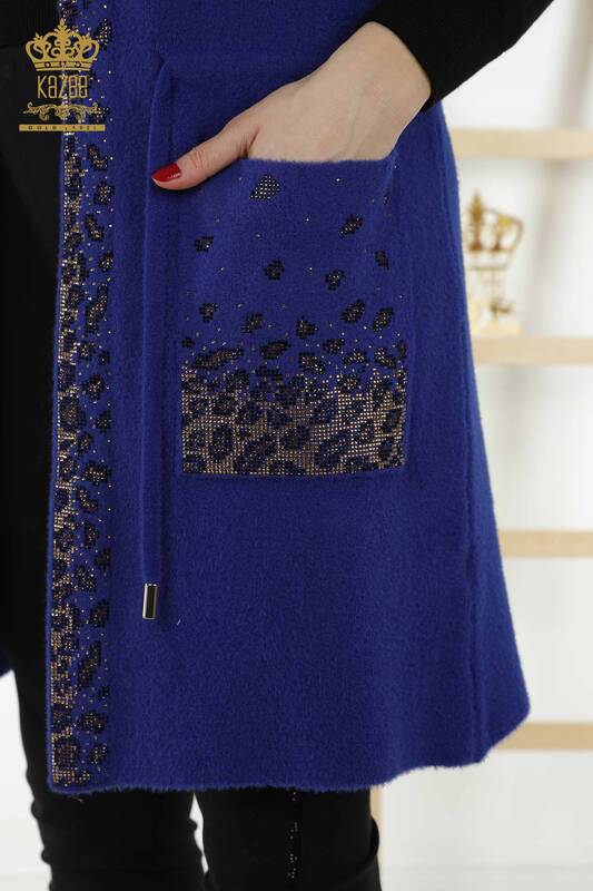 Wholesale Women's Vest - Leopard Stone Embroidered - Dark Blue - 30245 | KAZEE