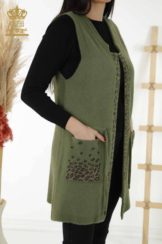 Wholesale Women's Vest - Leopard Stone Embroidered - Khaki - 30245 | KAZEE