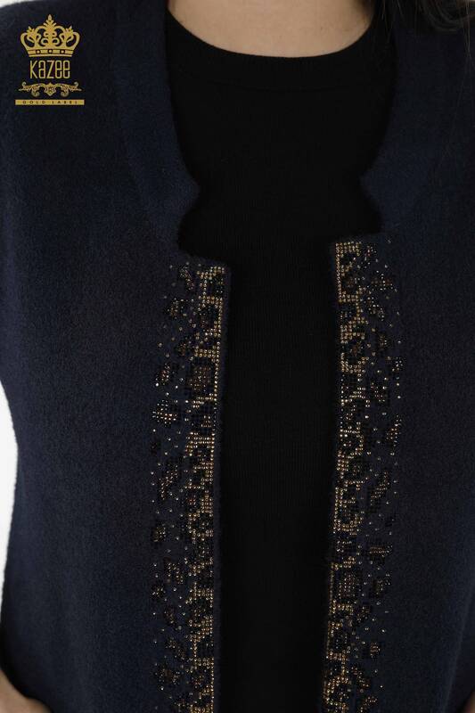Wholesale Women's Vest - Leopard Stone Embroidered - Navy Blue - 30245 | KAZEE