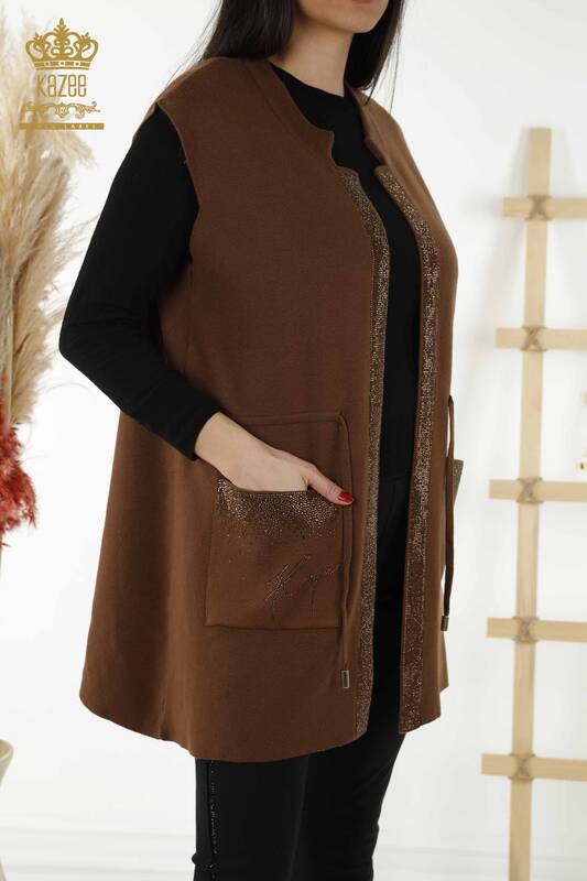 Wholesale Women's Vest - Pocket Detailed - Brown - 30308 | KAZEE