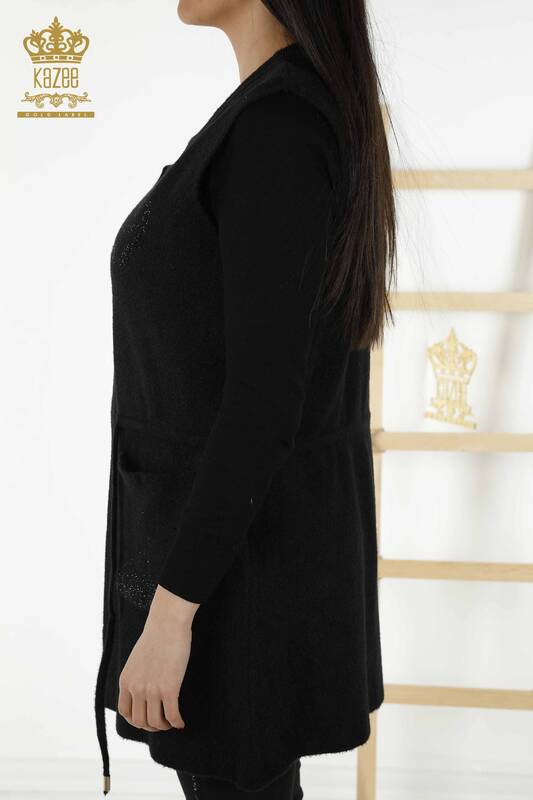 Wholesale Women's Vest - Pocket Stone Embroidered - Black - 30243 | KAZEE