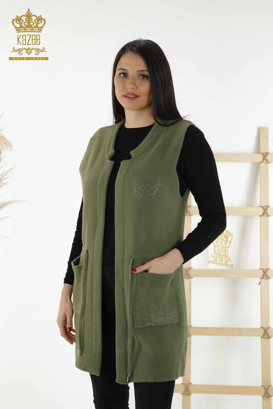 Wholesale Women's Vest - Pocket Stone Embroidered - Khaki - 30243 | KAZEE