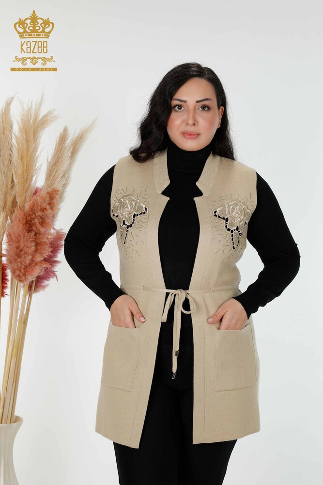 Wholesale Women's Vest Stone Embroidered Beige - 16830 | KAZEE - 1