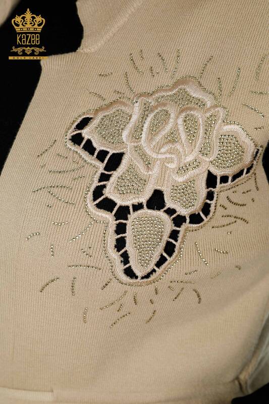 Wholesale Women's Vest Stone Embroidered Beige - 16830 | KAZEE