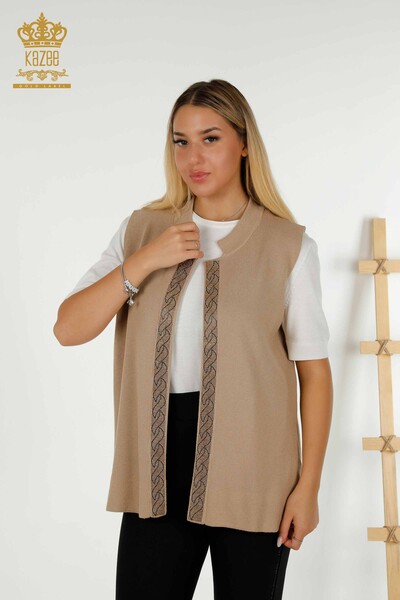 Wholesale Women's Vest Stone Embroidered Beige - 30608 | KAZEE 