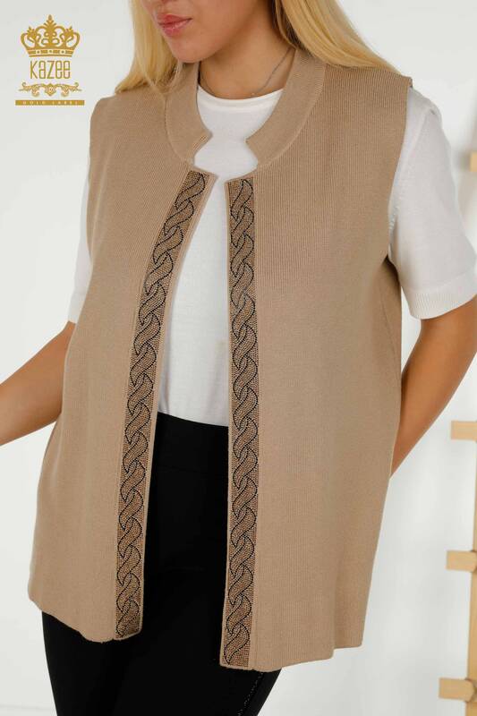 Wholesale Women's Vest Stone Embroidered Beige - 30608 | KAZEE