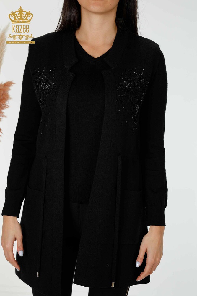Wholesale Women's Vest Stone Embroidered Black - 16830 | KAZEE - 2