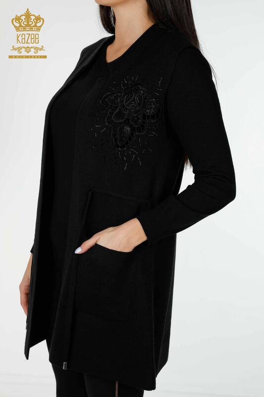 Wholesale Women's Vest Stone Embroidered Black - 16830 | KAZEE