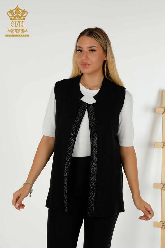 Wholesale Women's Vest Stone Embroidered Black - 30608 | KAZEE