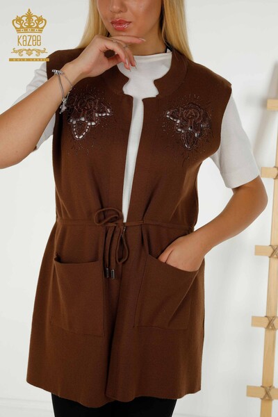Wholesale Women's Vest Stone Embroidered Brown - 16830 | KAZEE - 2