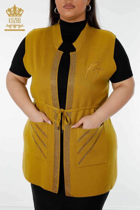 Wholesale Women's Vest Stone Embroidered Mustard - 16833 | KAZEE