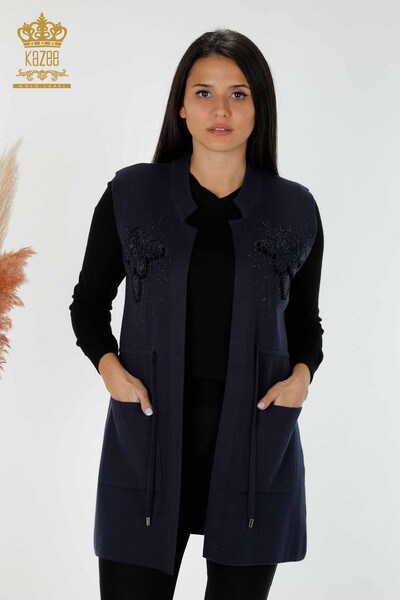 Wholesale Women's Vest Stone Embroidered Navy Blue - 16830 | KAZEE 