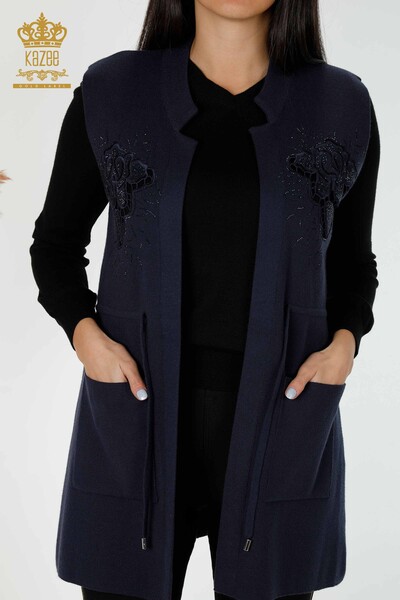 Wholesale Women's Vest Stone Embroidered Navy Blue - 16830 | KAZEE - 3