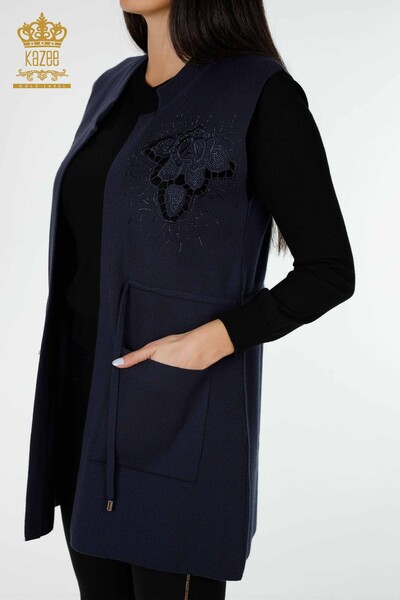Wholesale Women's Vest Stone Embroidered Navy Blue - 16830 | KAZEE - 4