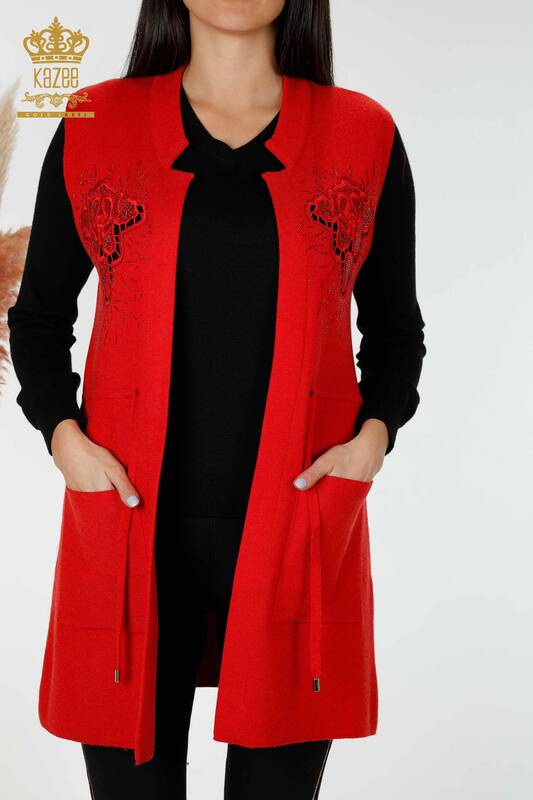 Wholesale Women's Vest Stone Embroidered Red - 16830 | KAZEE