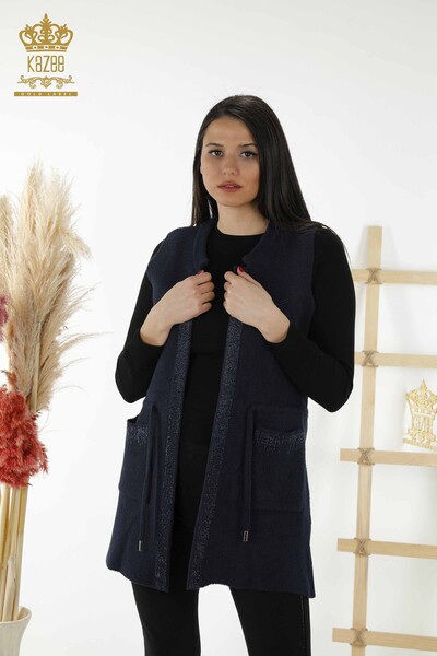 Wholesale Women's Vest - Stone Embroidered - Tied Rope - Navy Blue - 30244 | KAZEE 