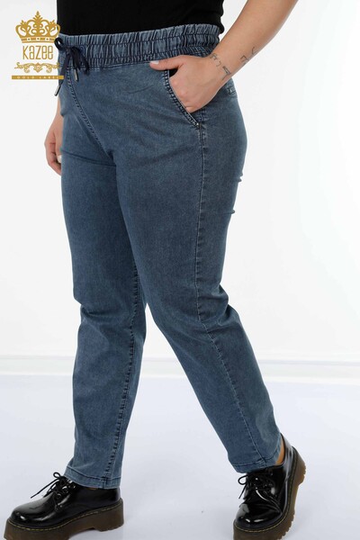 Wholesale Women's Elastic Waist Trousers Kazee Lettering Blue - 3502 | KAZEE - Thumbnail