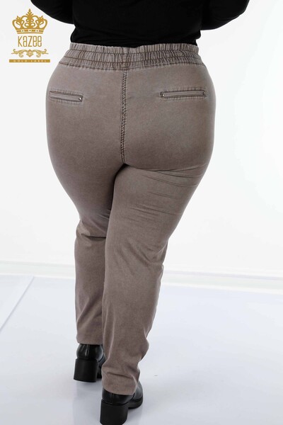 Wholesale Women's Elastic Waist Trousers Kazee Written Brown - 3502 | KAZEE - Thumbnail