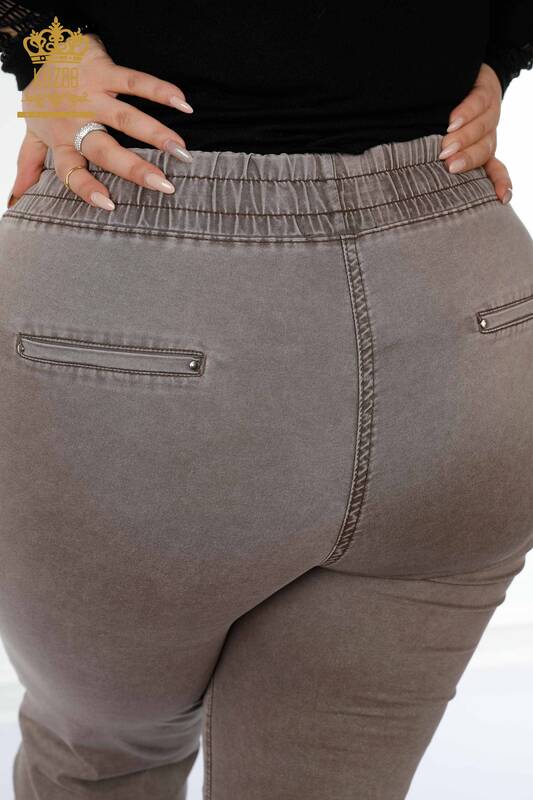Wholesale Women's Elastic Waist Trousers Kazee Written Brown - 3502 | KAZEE