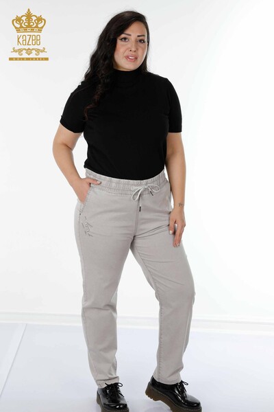Wholesale Women's Elastic Waist Trousers Kazee Lettering Light Gray - 3502 | KAZEE - Thumbnail