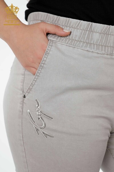Wholesale Women's Elastic Waist Trousers Kazee Lettering Light Gray - 3502 | KAZEE - Thumbnail