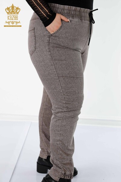 Wholesale Women's Elastic Waist Trousers Brown With Pocket - 3501 | KAZEE - Thumbnail