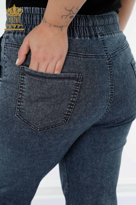 Wholesale Women's Elastic Waist Trousers With Pockets Navy - 3501 | KAZEE