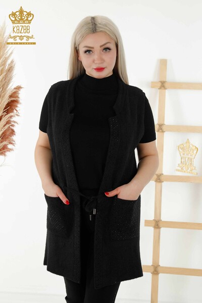 Wholesale Women's Waistcoat With Pocket - Tie Rope - Black - 30246 | KAZEE - Thumbnail