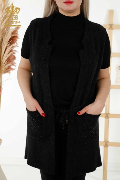 Wholesale Women's Waistcoat With Pocket - Tie Rope - Black - 30246 | KAZEE - Thumbnail