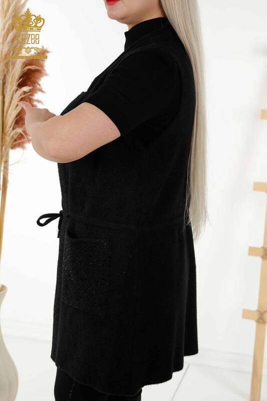 Wholesale Women's Waistcoat With Pocket - Tie Rope - Black - 30246 | KAZEE