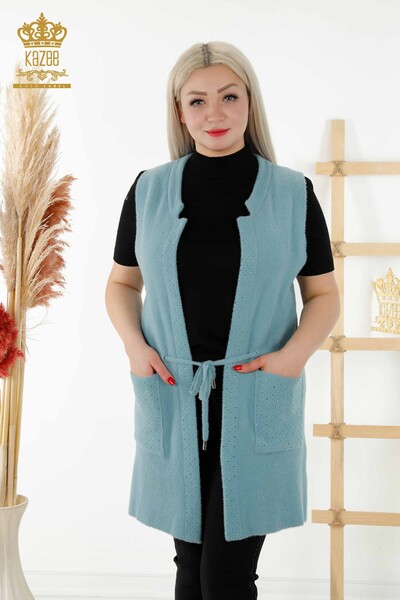Wholesale Women's Waistcoat With Pocket - Tied Cord - Blue - 30246 | KAZEE - Thumbnail