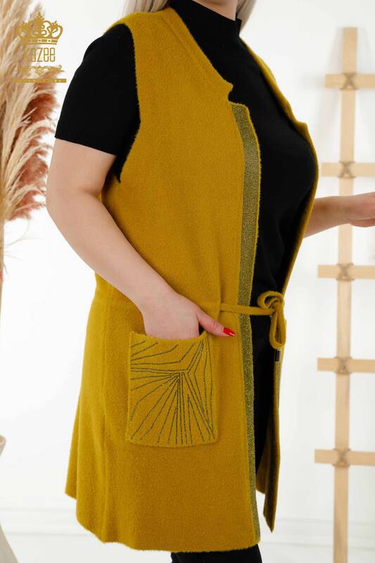Wholesale Women's Waistcoat - Stone Embroidered - Corded - Saffron - 30244 | KAZEE