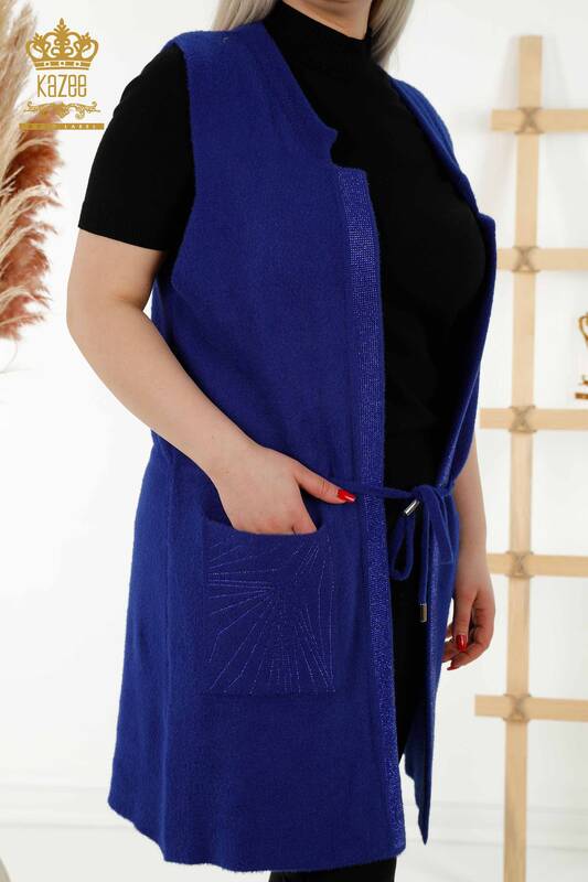 Wholesale Women's Waistcoat - Stone Embroidered - Tied Thread - Dark Blue - 30244 | KAZEE