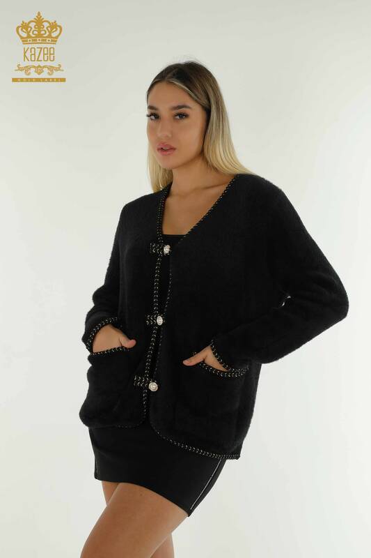 Wholesale Women's Angora Cardigan Black with Pearl Buttons - 30264 | KAZEE