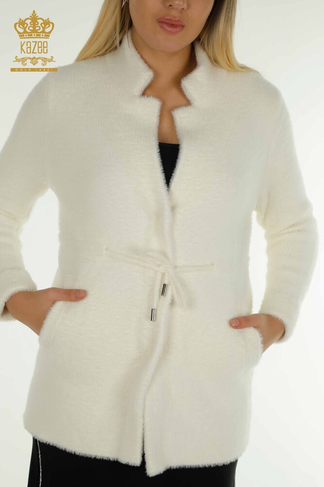 Wholesale Women's Angora Cardigan with Tie Detail Ecru - 30269 | KAZEE - 2