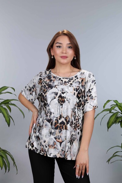 Wholesale Women's Combed Cotton Crew Neck Floral and Leopard Patterned - 77771 | KAZEE - Thumbnail