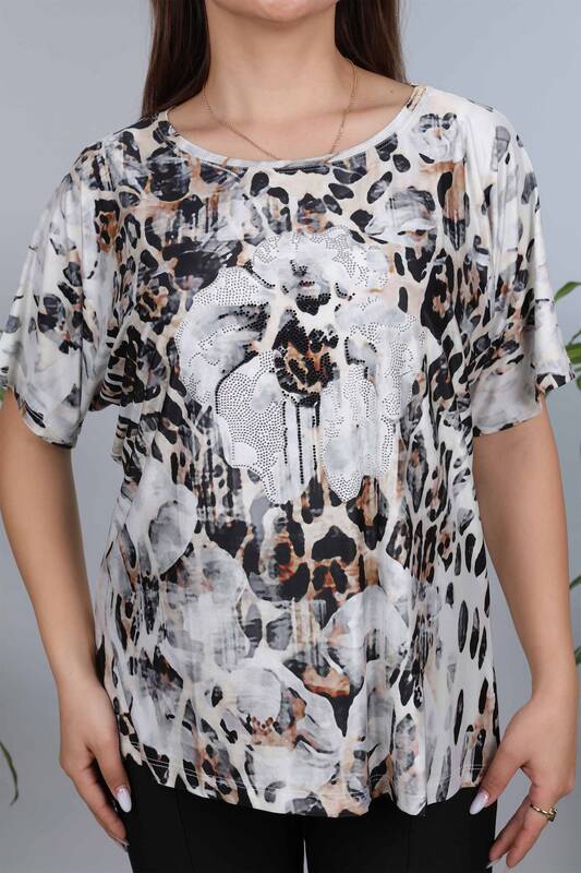 Wholesale Women's Combed Cotton Crew Neck Floral and Leopard Patterned - 77771 | KAZEE