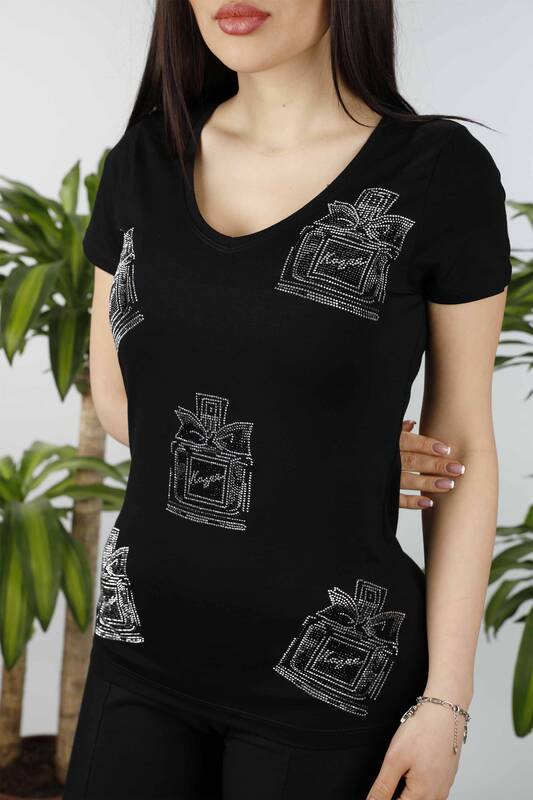 Wholesale Women's Combed Cotton Crew Neck Stony Embroidered Pattern - 77753 | KAZEE
